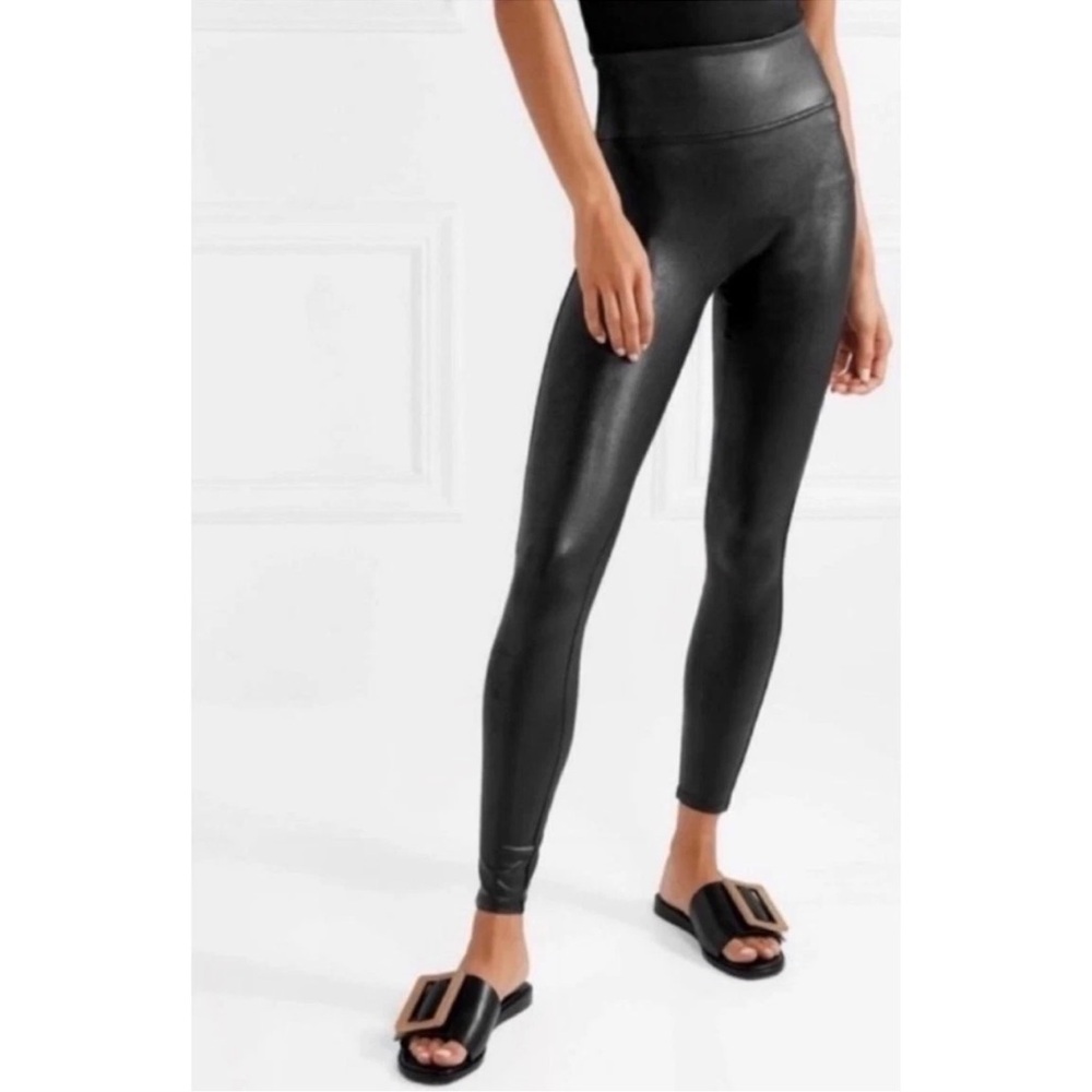 SPANX Faux Leather Full Length Ankle Leggings Women's Sz Medium Black Minimalist
